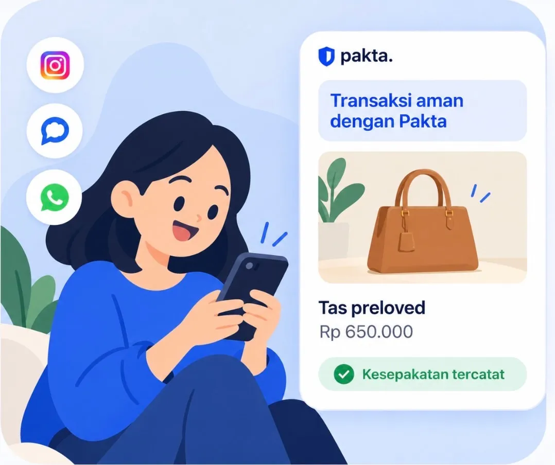 Ilustrasi pengguna memegang ponsel di samping kartu transaksi Pakta